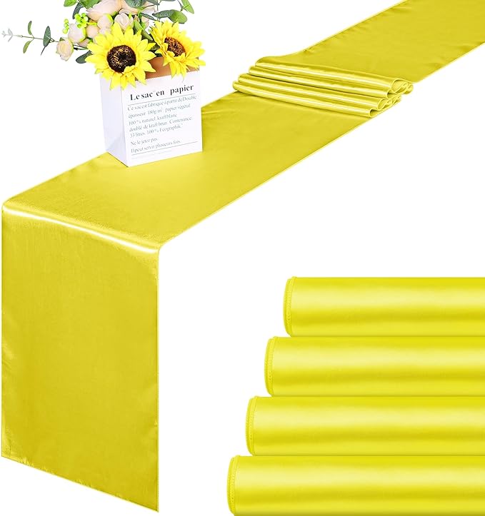 ANECO 4 Pack Satin Table Runner 12 x 108Inch Long Bright Silk and Smooth Fabric Party Table Runner for Wedding Banquet Party Decoration- Yellow