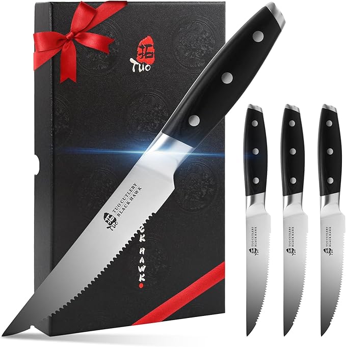 TUO Serrated Steak Knife - 5 inch Professional Kitchen Steak Knife Set 4 - Table Dinner Knife - German HC Stainless Steel Non Slip Pakkawood Handle - BLACK HAWK SERIES Including Gift Box
