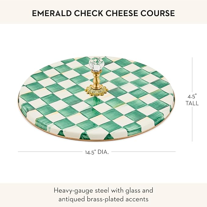 MACKENZIE-CHILDS Cheese Course, Cute Cheese Board and Serving Board for Charcuterie, Green-and-White Emerald Check