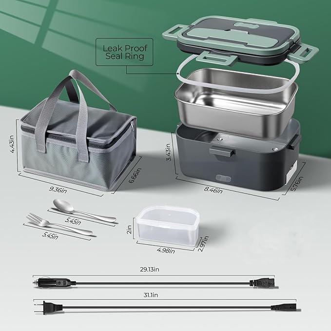 Vidaskeci Electric Lunch Box for Adultss 100W 1.8L Portable Heated lunch box for men 12V/24V/110V home/Car/Office/Truck,1,8L Removable 304Stainless Steel Container (Dark Green)