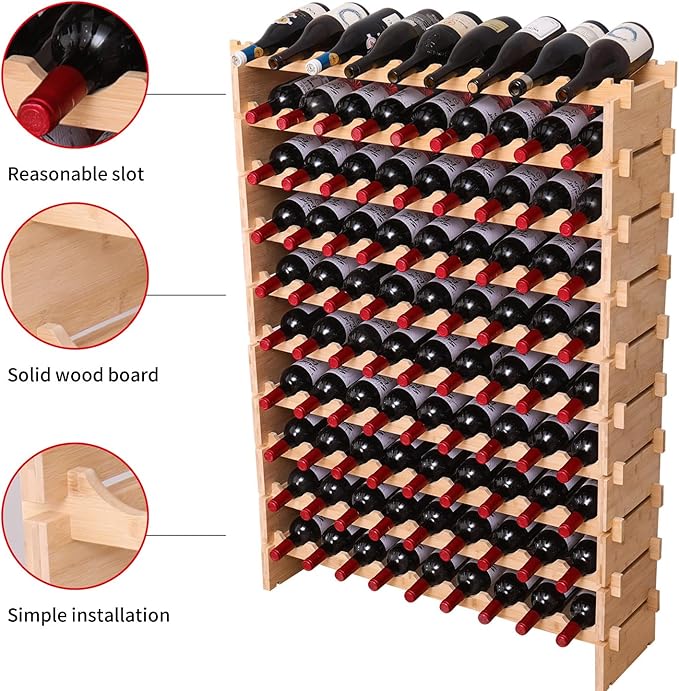 Wine Rack Bamboo Wood Stackable Storage Freestanding Wooden Wine Rack Wine Cooler 72 Bottle and 90 Bottle (90 Bottle)
