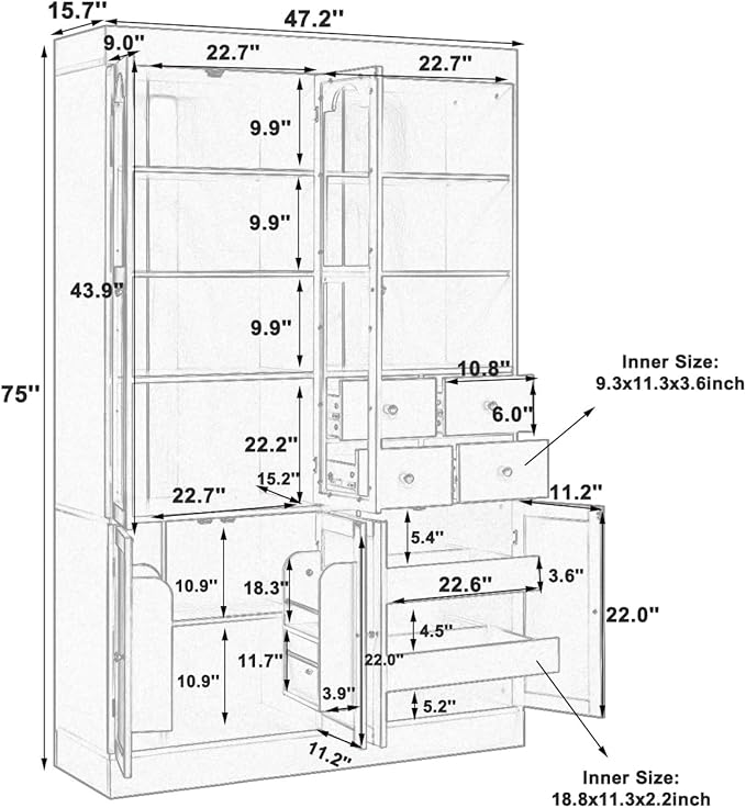 75-inch Tall Kitchen Pantry Cabinet, Freestanding Buffet with Hutch, Storage Cabinet with 4 Drawers, Door Shelves and Pull-Out Trays for Dining Room (Blue + MDF + Farmhouse)
