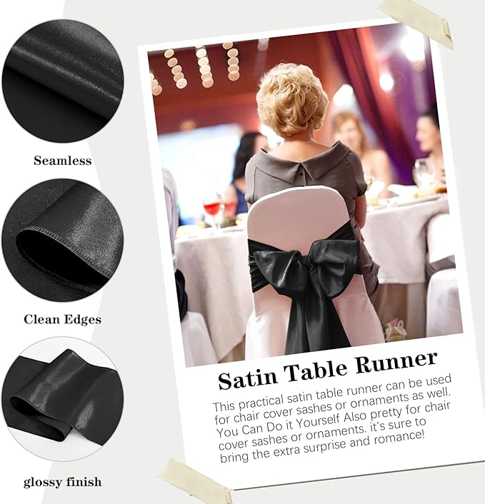 Yblut 10 Pack Satin Table Runner 12 x 108 Inch Long Black Silk Table Runner for Wedding Party Banquet Birthday Decoration