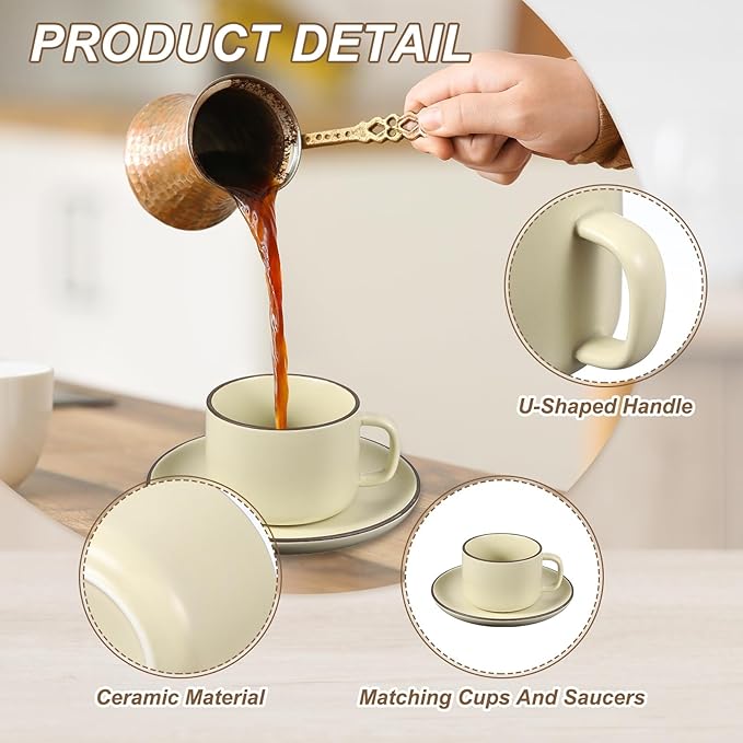 uxcell Handmade Vintage Espresso Cups, 8 oz Coffee Cups and Saucers Ceramic Tea Cup with Handle Dishwasher and Microwave Safe for Latte Cappuccino Milk Office Home Gifts, Pure Beige