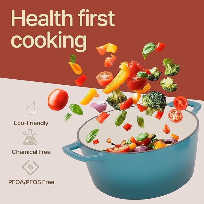 Bakken Enameled Cast Iron Dutch Oven Pot, 6QT Dutch Oven for Bread Baking, Braising & Roasting, Kitchen & Campfire Cooking, Moisture-Locking Lid, Oven Safe Up To 500째F, Works on All Cooktops, Teal