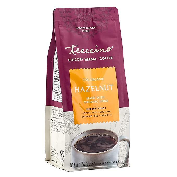 Teeccino Chicory Coffee Alternative - Hazelnut - 11 Ounce - Ground Herbal Coffee That?™s Prebiotic, Caffeine Free & Acid Free, Medium Roast