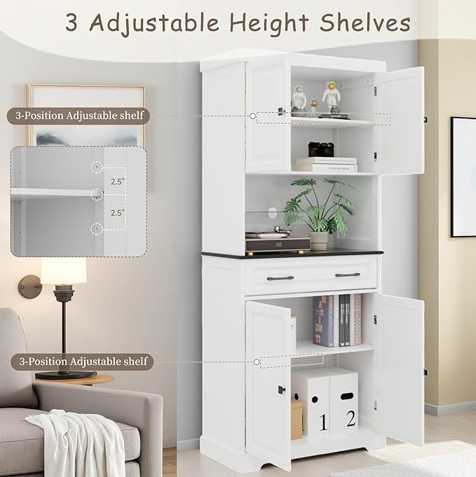 71" Kitchen Pantry Cabinet with Drawer, Kitchen Hutch Cabinet with 4 Doors, Wire Hole & Adjustable Shelves, Tall Bathroom Cabinets Freestanding Cupboard White Wood Storage Cabinets