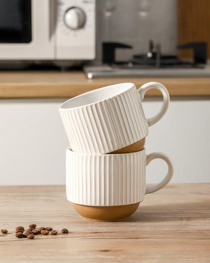 HASENSE 15oz Coffee Mug Set of 4 - Stackable Ceramic Mugs with Holder - White & Light Brown Coffe Cups Set for Cappuccino, Tea, Hot Cocoa, Drinks - Wedding & Housewarming Gifts, Everyday Use