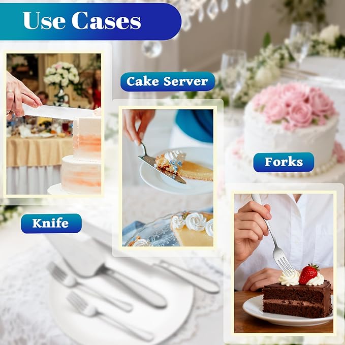 Cake Cutting Set for Wedding, Elegant Cake Knife and Server Set with Stainless Steel Forks, Cake Cutter and Pie Spatula for Engagements, Anniversary, Bride and Groom, 4 Pcs, Silver
