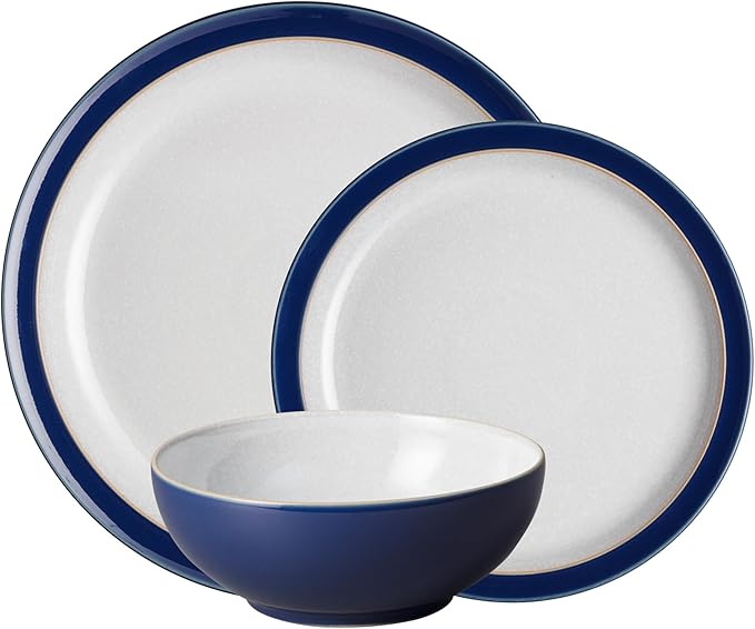Denby - Elements Dark Blue 3 Piece Set For 1 - Contemporary One Person Ceramic Tableware - Dishwasher & Microwave Safe, Scratch Resistant Stoneware - Includes 1 x Large Plate, Side Plate & Cereal Bowl