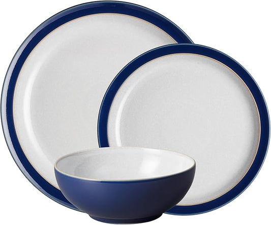 Denby - Elements Dark Blue 3 Piece Set For 1 - Contemporary One Person Ceramic Tableware - Dishwasher & Microwave Safe, Scratch Resistant Stoneware - Includes 1 x Large Plate, Side Plate & Cereal Bowl