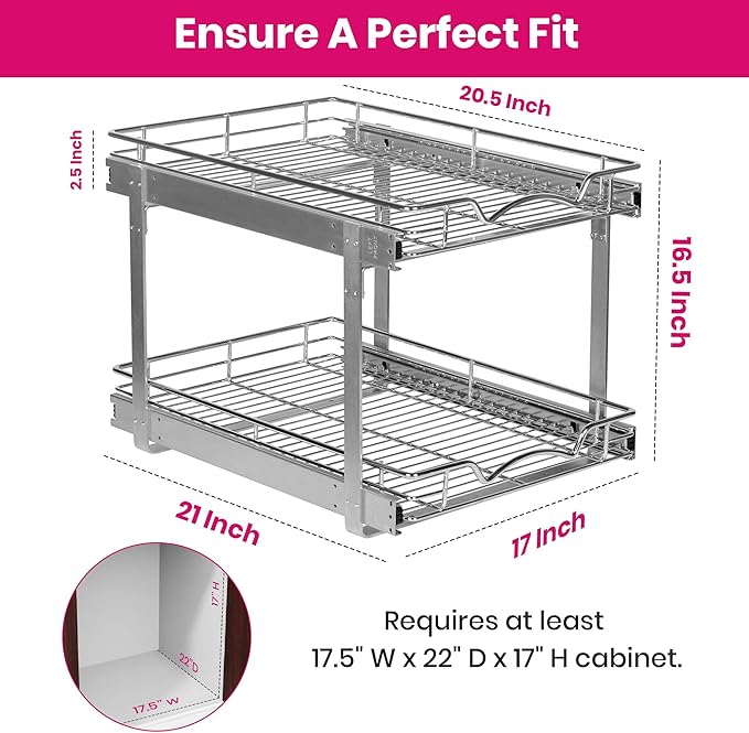 HOLDN??STORAGE Two Tier Pull Out Cabinet Organizer, Individual Sliding Drawers - Heavy Duty Metal with Lifetime Limited Warranty - Anti Rust Chrome Finish - 17" W x 21?쒭 x 16.5" H