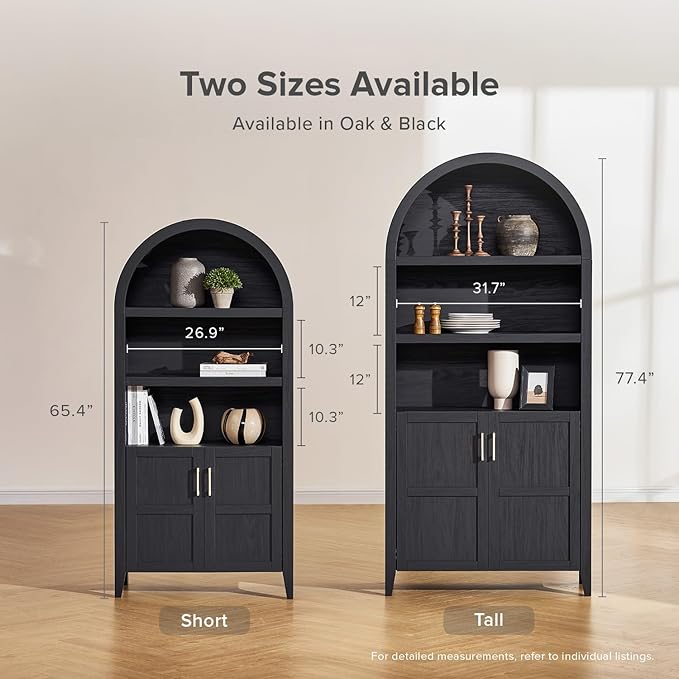 mopio Lauren 77.4" Tall Arched Cabinet, The Original 5-Tier Bookcase with Doors and Adjustable Shelves, Arch Bookshelf with Storage, Wooden Storage Cabinet for Living Room and Kitchen Pantry (Black)