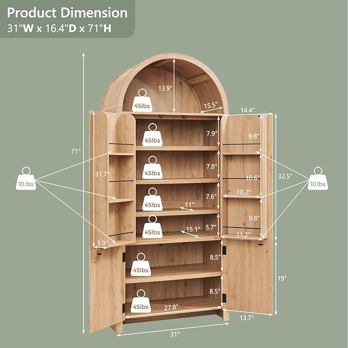 71" Tall Arched Bookcase with Doors, Morden Fluted Bookshelf with Storage & 3 Adjustable Shelves, 6 Door Shelves, Wooden Floor Standing Versatile Cupboard for Home Office, Living Room, Natural