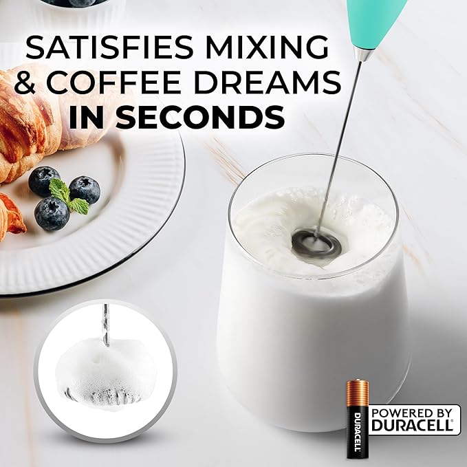 Zulay Kitchen Handheld Milk Frother with Duracell AA Batteries ??Ultra Fast Electric Mixer & Foam Maker, Easy-Clean Drink Mixer for Coffee & More - Caribbean Aqua 2B