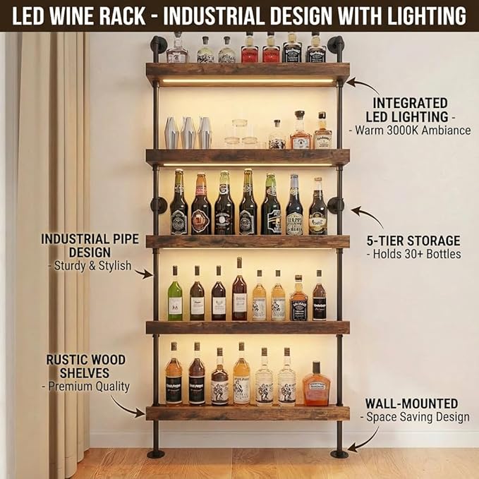 5-Tier Wall Mounted Wine Rack with LED, Floating Bar Shelves Liquor Bottle Organizer, Modern Display Shelf Holds 30+ Bottles, for Kitchen Wall, Home Bar, Restaurant (31.5INCH-LED)