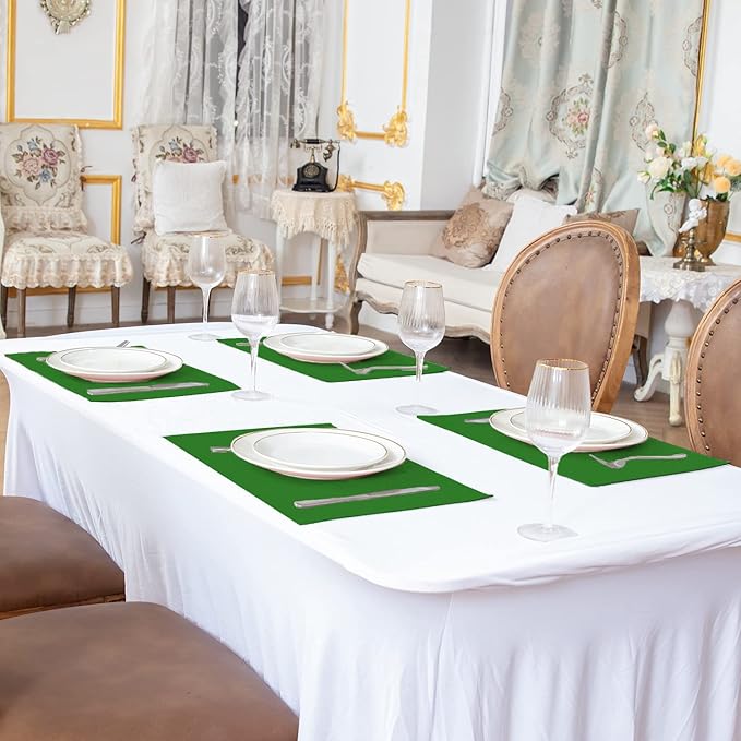 Rinpon Cloth Green Placemats Set of 8, Linen Type Fabric Placemats Machine Washable Heat Resistant Placemats Polyester Place Mats for Halloween, Thanksgiving and Christmas Dining Table (Forest Green)