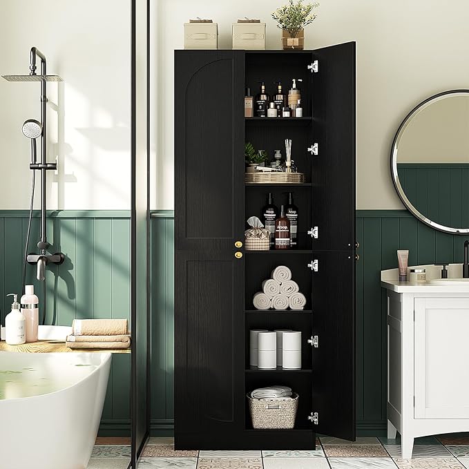 Cyclysio 80" Kitchen Pantry, Extra Tall Arch Storage Cabinet with 4 Doors and Adjustable Shelves, Freestanding Wood Cupboard with Seamless Fit Wall for Dining Living Room Bathroom Furniture (Black)