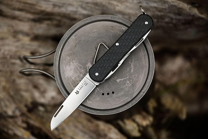 Fox Knives Vulpis FX-VP130-F4 Slipjoint Folding Knife 4-in-1 Multitool 2.17in Blade, Bottle Opener, Can Opener, Flat Head Screwdriver, Scissors - Compact Versatile Pocket Knife (Carbon Fiber)