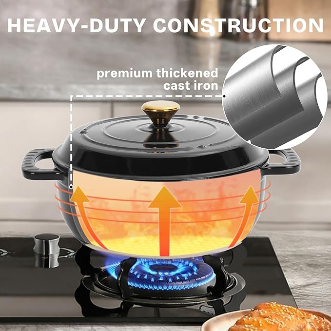 Cast Iron Dutch Oven, 5 Quart, Black, Enameled, Round, Oven Safe, Includes Silicone Mitts