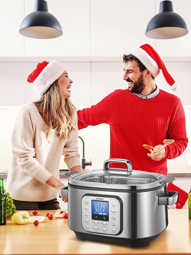 HOUSNAT Slow Cooker, 10 in 1 Programmable Cooker, 304 Stainless Steel Rice Cookers 6QT, Yogurt Maker, Delay Start, Adjustable Temp& Digital Time for Large Families or Entertaining