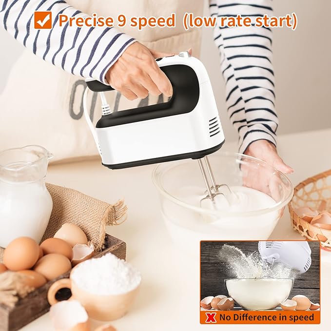 9-Speed Digital Hand Mixer Electric, 400W Powerful DC Motor, Baking Handheld with Snap-On Storage Case, 5 Stainless Steel Accessories, Flat Beaters, Dough Hooks, Whisk(White/Black)
