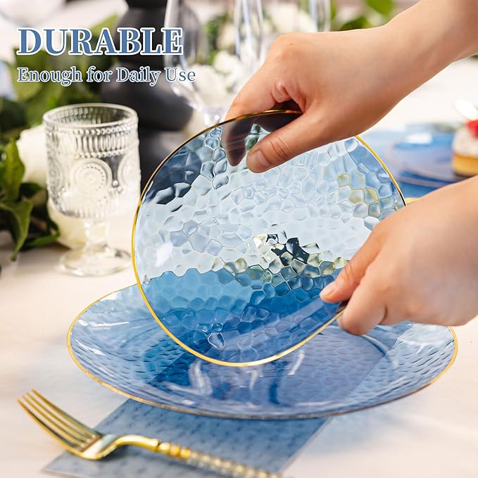 Lullaby 60Pcs Blue Gold Plastic Plates, Blue Disposable Plates With Gold Rim, Plastic Plates Include 30 Dessert Plate 10'', 30 Dinner Plate 7.5'' for Party, Birthdays and Wedding ﻿