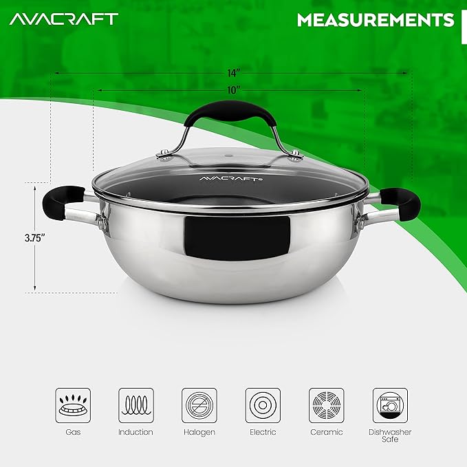 AVACRAFT Nonstick Everyday Pan, 9 inch, Ceramic Coating, Stainless Steel, Induction Compatible, Dishwasher Safe