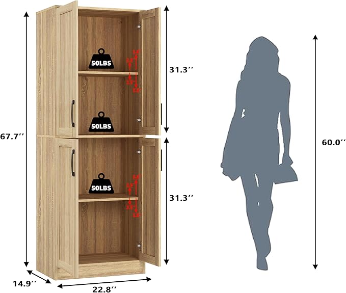 Pantry - Kitchen Pantry Cabinet with 4 Doors and Adjustable Shelves, Tall Black Cabinet Freestanding Storage Cupboard for Dining Room Living Room, Laundry, Bathroom (Natural)