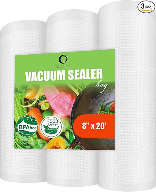 Vacuum Sealer Bag - Pack of 3 Rolls | 8inch x 20 Feet | Commercial Grade BPA Free Food Storage Bags for Storage & Sous Vide | Customized Size Heavy Duty & Freezer Safe Vac Bags for Storage