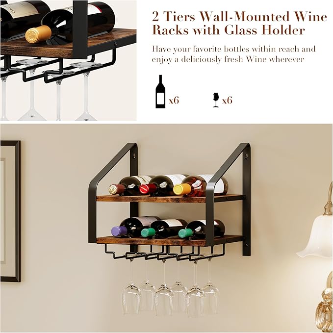 Wall Mounted Wine Rack for 6 Wine Bottles and 6 Glass Holder, 2-Tier Wall Wine Rack, Wood Wine Racks for Wall, Wood-Metal Wine Bottle Holder for Home Bar, Wine Kitchen Storage (Brown Black)