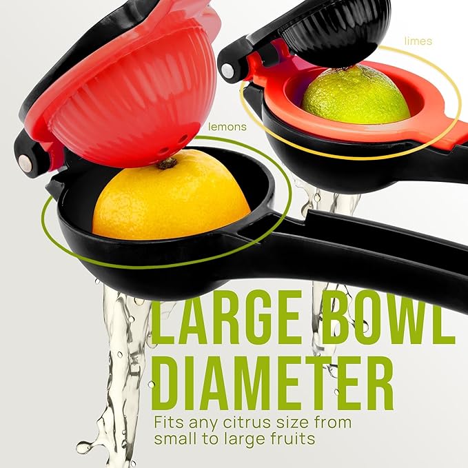 Zulay Kitchen Metal 2-in-1 Lemon Squeezer - Sturdy Max Extraction Hand Juicer Lemon Squeezer Gets Every Last Drop - Easy to Clean Manual Citrus Juicer - Easy-Use Lemon Juicer Squeezer - Black/Red