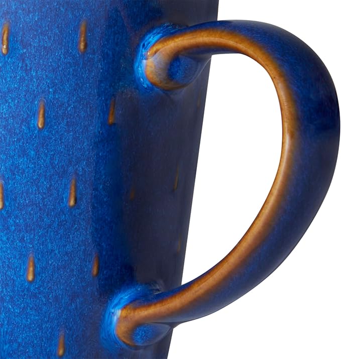 Denby - Imperial Blue Large Coffee Mug Set of 4 - Cascade Patterned 13.5 Ounce Stoneware Tea Mug Set For Office & Home - Dishwasher Safe, Microwave Safe - Ceramic Tea Cups With Blue Pattern Glaze