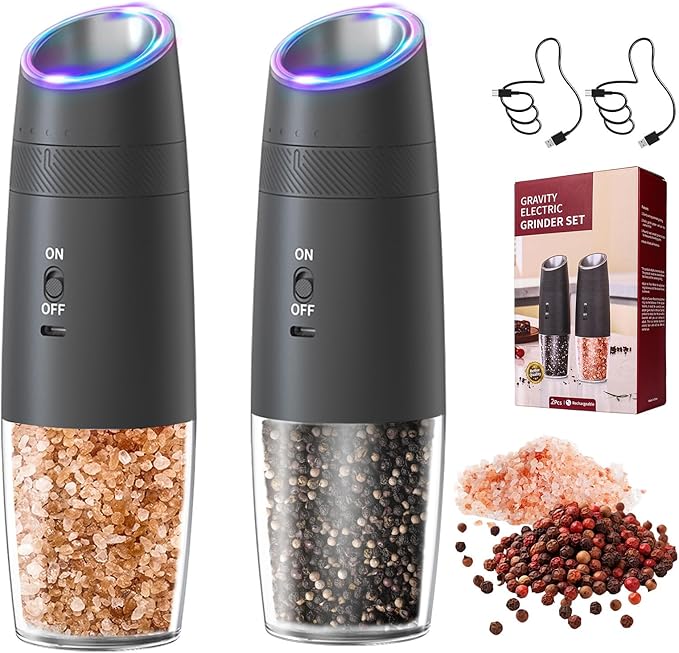 Electric Salt and Pepper Grinder Set ??Rechargeable Gravity Automatic Pepper Mill Gift Set with LED Light & 6 Adjustable Coarseness