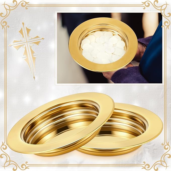 Zhehao 1 Pcs Communion Plates for Church Communion Bread Tray Plate Church Supplies Set Polished Stainless Steel Tray (Gold)