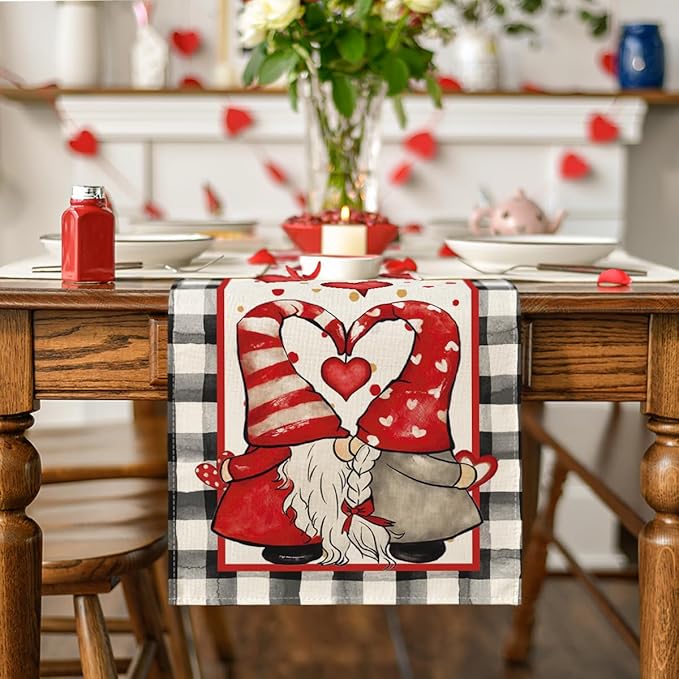 Artoid Mode Watercolor Hearts Gnomes Love Valentine's Table Runner, Seasonal Anniversary Wedding HoliKitchen Dining Table Decoration for Indoor Outdoor Home Decor 13 x 90 Inch