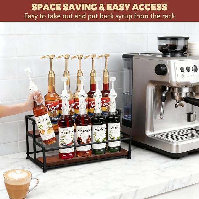Coffee Syrup Rack Organizer - Metal Bottle Holder for 10 Bottles ??Rustic Countertop Display Shelf for Coffee Bar, Kitchen Cabinet, Pantry Storage for Syrups, Liquor, Spice, Tea & Wine (2-Tier)