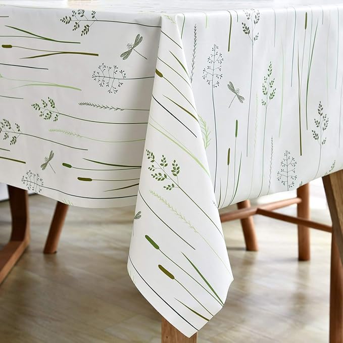 LOHASCASA Vinyl Oilcloth Tablecloth Rectangle Heat Resistant/Oil-Proof Wipeable Thick PVC Plastic Long Oblong Tablecloths for Spring Outside Picnic - Grass Ivory White 54 x 84 Inch