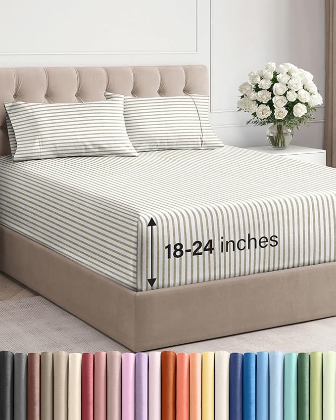 Extra Deep Pocket Cal King Sheets - 4 Piece Breathable & Cooling Bed Sheets - Hotel Luxury Bed Sheet Set - Soft, Wrinkle Free & Comfy - Easily Fits Extra Deep Mattresses - Beige Striped Sheets Set