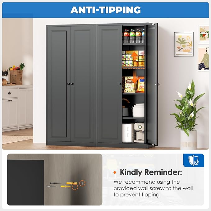 INTERGRAET Kitchen Pantry Cabinet, 63" Tall Metal Pantry Storage Cabinets with 2 Doors and 4 Shelves, Black Metal Storage Cabinet,Cupboard for Home,Kitchen,Living Room/Dining