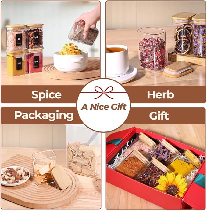 Comsaf Spice Jars with Label竊? oz Small Glass Jars with Lids, 6 Pcs Seasoning Containers, Rectangle Glass Containers with Lids, Empty Seasoning Jars for Pantry Storage, Loose Tea, Herbs, Powders, Salt