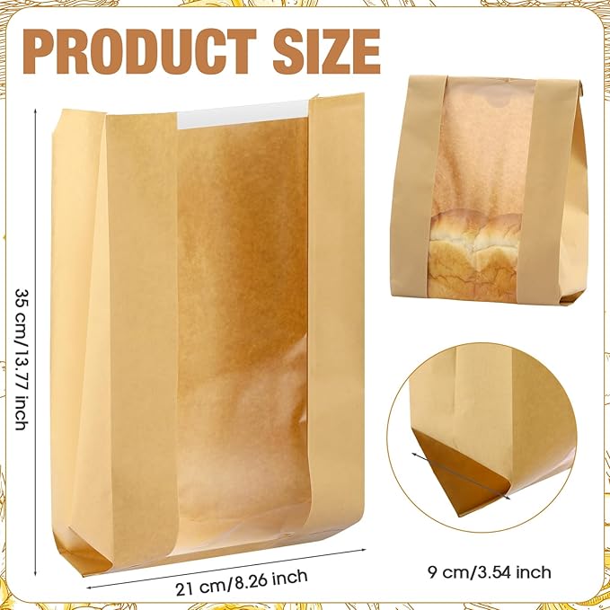 Domensi 450 Pcs Paper Bread Bags for Homemade food 13.7 x 8.2 x 3.5 Inch Large Paper Bakery Bag with Window Sourdough Bread Bags for Baked Food Packaging Storage