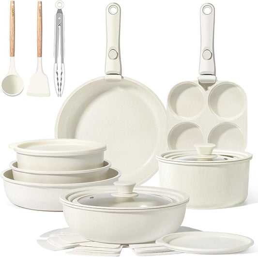 GiPP Ceramic Pots and Pans Set Non Stick, Nonstick Detachable Handle Cookware Sets, Healthy Non Toxic PFAS PFOA & PTFE Free, Dishwasher 竊냀ven Safe, Induction Kitchen Pot and Pan, 21 Piece Cream