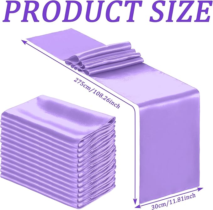 Bencailor 24 Pcs Light Purple Satin Table Runner Bulk 12 x 108 Inches Long Table Runners Bright Smooth Fabric Tablecloth for Wedding Banquet Birthday Valentines St Patrick's Day Party Decorations