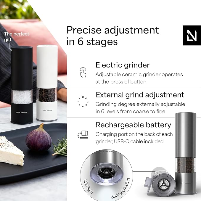 LARS NYS횠M Electric Salt and Pepper Grinder Set I Automatic Salt and Pepper Mills with Adjustable Ceramic Grinder I USB Rechargeable Electric Spice Mill Set with LED Light (Stainless Steel)