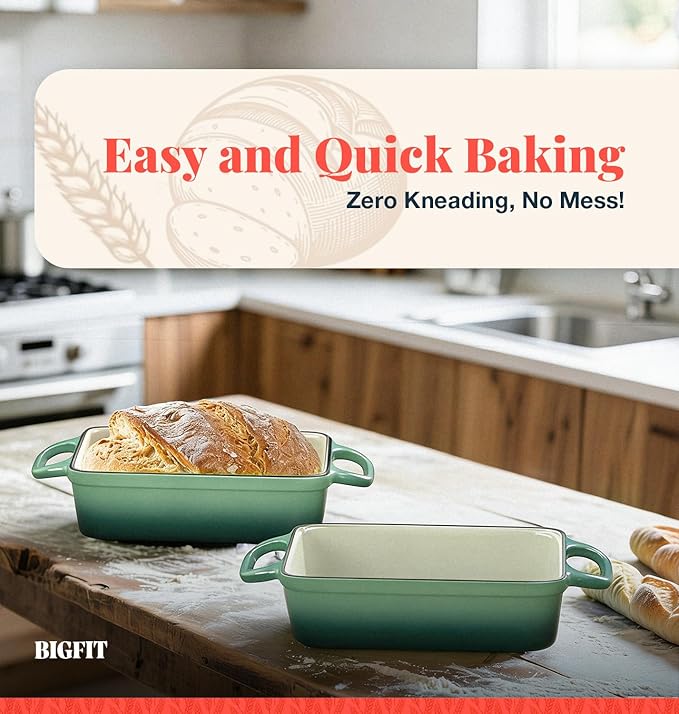 2 IN 1 Cast Iron Bread Loaf Pan with Lid, 3.4QT 9x5 Inch Dutch Oven for Bread Baking, Even Heating Bread Oven, Enameled Bread Pan for Homemade Sourdough Bread Baking & Versatile Cooking, Green