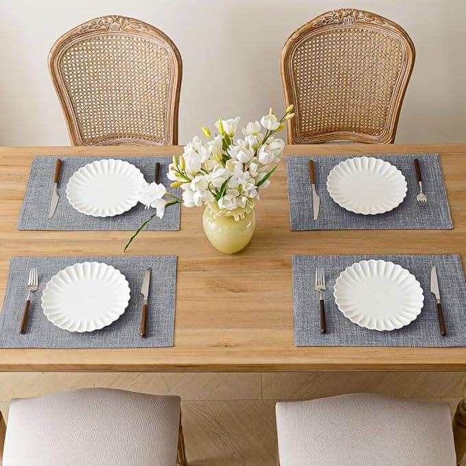 Aironment Placemats Set of 4, Bilayer Thickened Linen Place Mats Heat Resistant Machine Washable Wrinkle Free Carefully Selected Polyester Mats for Kitchen/Dining/Coffee Table (Light Grey)