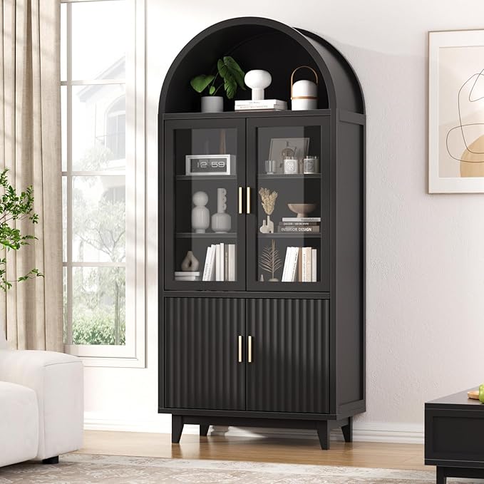 Kitchen Pantry Cabinet with Glass Doors - Arched Design, Solid Wood Legs, Artistic Fluted Door, Adjustable Shelves, 70.8" Curved Storage Cabinet for Kitchen, Dining Room