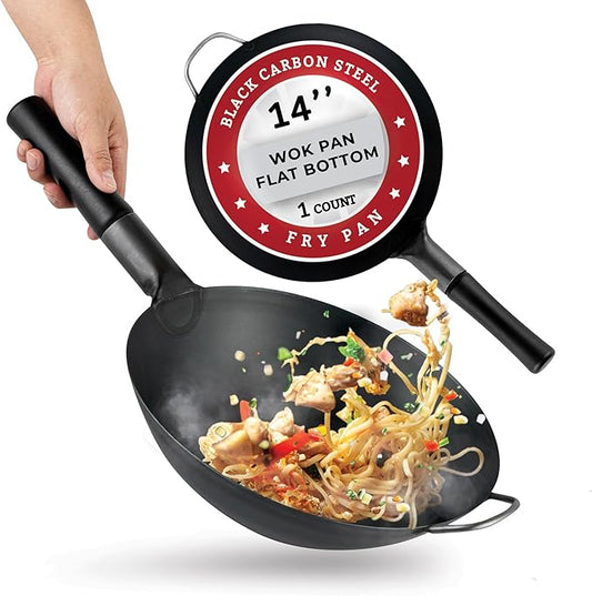 Restaurantware Carbon Steel Wok 1 Pack of 14 Inch Heavy-Duty Uniform Heat Distribution Pan Induction Compatible Round Bottom Wok Welded Handle Black For Gas Stovetops And Grills