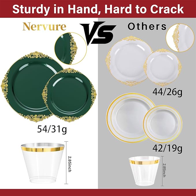 Nervure 350PCS Green Plastic Plates - Green Gold Plastic Dinnerware Sets for 50 Guests - 100 Disposable Plates, 150 Gold Silverware, 50 Cups, 50 Napkins for Wedding & Party